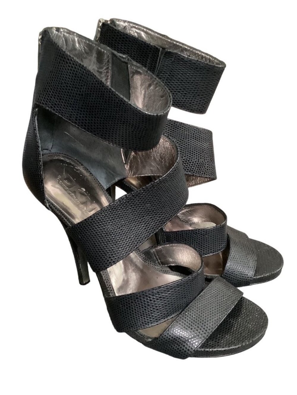 DKNY Sz 7 Strappy Stiletto Sandals Zip Back Textured Caged Ankle Strap High Heel